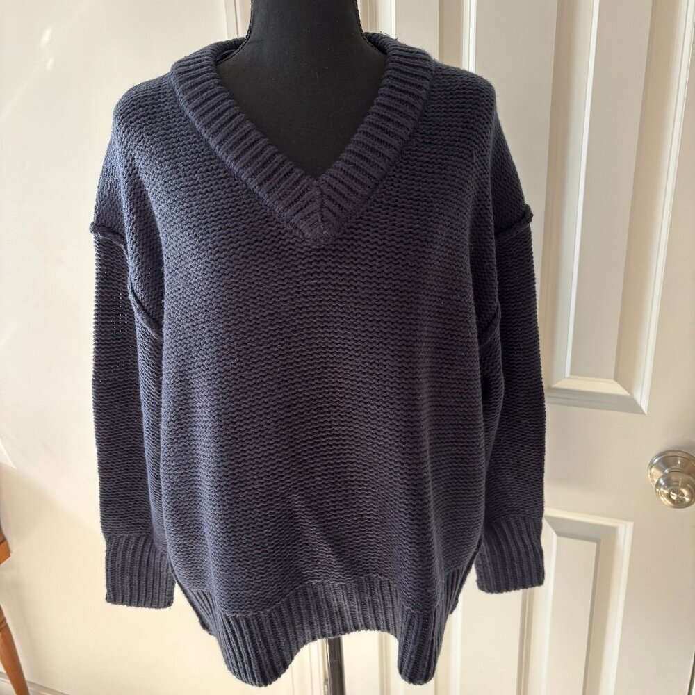 RDi Nordstrom Navy Blue V Neck Knit Sweater Oversized Casual XS NWT